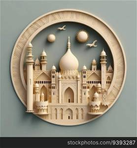Minimalistic Mosque Elegance 3D Paper Cut Craft Illustration for Islamic Background. Ramadan Kareem 3d abstract paper cut illustration. For print, web design, UI, poster and other.