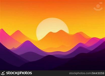 Minimalistic sunset graphics behind the large mountains, generative ai