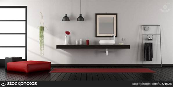 Mininalist bathroom wit washbasin. Mininalist bathroom wit washbasin on wooden shelf - 3d rendering