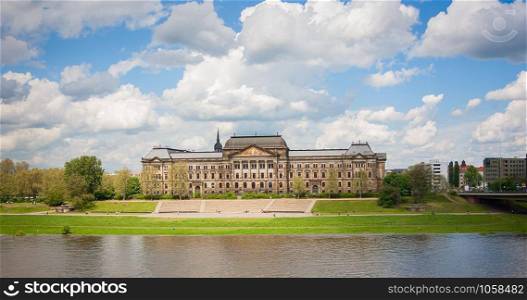 Ministry of Finance and Saxon State Chancellery buildings over Elbe river in Dresden, Germany. Ministry of Finance and Saxon State