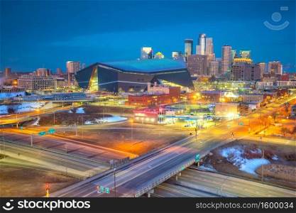 Minneapolis downtown skyline in Minnesota, USA at sunset