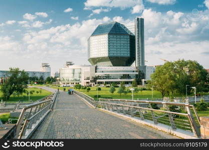 Minsk, Belarus - June 3, 2014  Building Of National Library Of Belarus In Minsk. Famous Symbol Of Belarusian Culture And Science. Building Of National Library Of Belarus In Minsk. Famous Symbol Of Belarusian Culture And Science