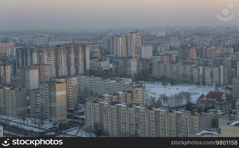 Minsk roofs of houses at sunset. Urban landscape