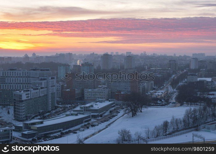 Minsk roofs of houses at sunset. Urban landscape