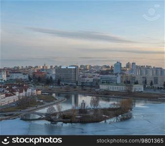 Minsk roofs of houses at sunset. Urban landscape