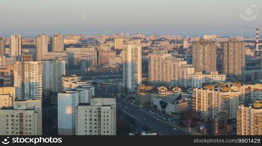 Minsk roofs of houses at sunset. Urban landscape