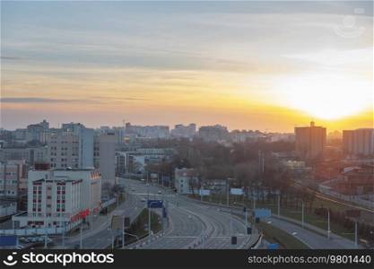 Minsk roofs of houses at sunset. Urban landscape