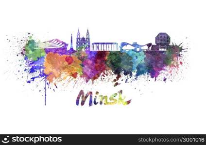 Minsk skyline in watercolor splatters with clipping path. Minsk skyline in watercolor