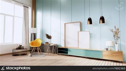 Mint Living Room interior on mint wall background. 3D rendering