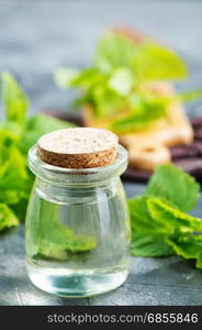 mint oil in bottle and on a table