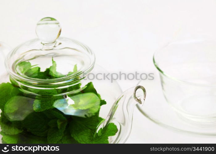 mint tea on white close up