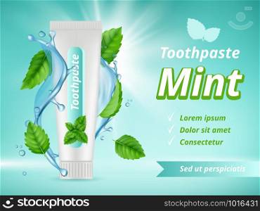 Mint toothpaste. Dent protection oral care advertizing placard vector realistic template. Antibacterial hygiene and health, clean tooth illustration. Mint toothpaste. Dent protection oral care advertizing placard vector realistic template