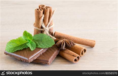 Mint with cinnamon on wood background
