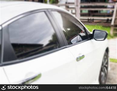 Mirror side of white modern car, stock photo