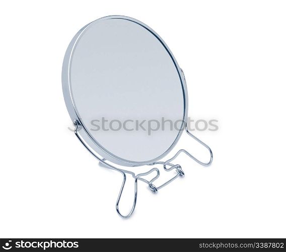 Mirror with shadow. The mirror in an iron frame is isolated on a white background