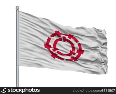 Misato City Flag On Flagpole, Country Japan, Saitama Prefecture, Isolated On White Background. Misato City Flag On Flagpole, Japan, Saitama Prefecture, Isolated On White Background