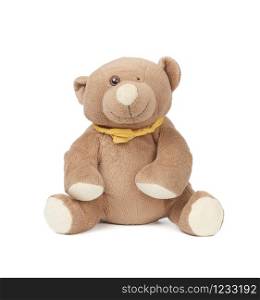 miserable brown teddy bear sitting on a white isolated background, children&rsquo;s toy without an eye