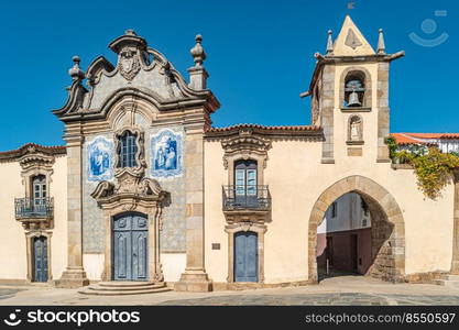 Misericordia Chapel has a baroque facade covered with tiles. Sao Joao de Pesqueira, Douro Valley, Portugal.