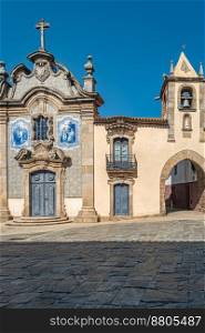Misericordia Chapel has a baroque facade covered with tiles. Sao Joao de Pesqueira, Douro Valley, Portugal.