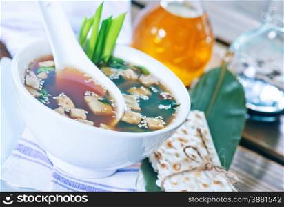 miso soup in bowl and on a table