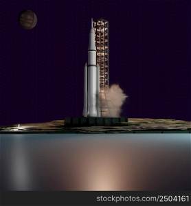 Missile starting from launch pad, 3d rendering