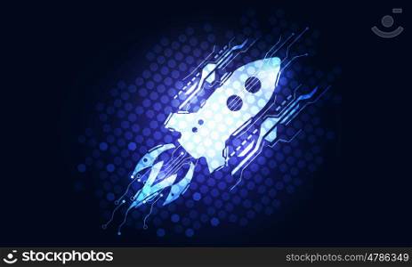 Missile symbol on curcuit board. Glowing rocket icon on dark digital background