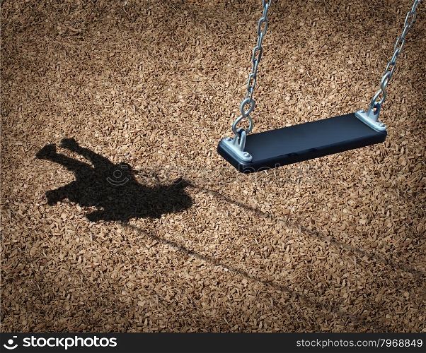 Missing child concept with an empty playground swing and the shadow of a little girl on the park floor as a symbol of children losing their childhood and being lost as in a failed adoption or youth despair caused by family violence.
