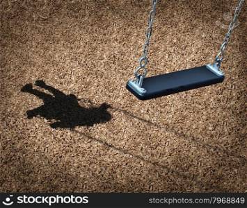 Missing child concept with an empty playground swing and the shadow of a little girl on the park floor as a symbol of children losing their childhood and being lost as in a failed adoption or youth despair caused by family violence.