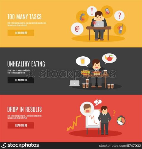 Missing deadline unhealthy eating man character multitasks work stress flat horizontal banners set abstract isolated vector illustration