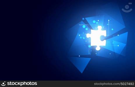Missing puzzle element. Jigsaw puzzle piece with light glow in hand