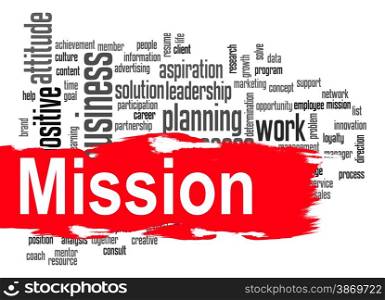 Mission word cloud image with hi-res rendered artwork that could be used for any graphic design.. Mission word cloud with red banner