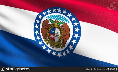 Missouri state flag in The United States of America, USA, blowing in the wind isolated. Official patriotic abstract design. 3D rendering illustration of waving sign symbol.