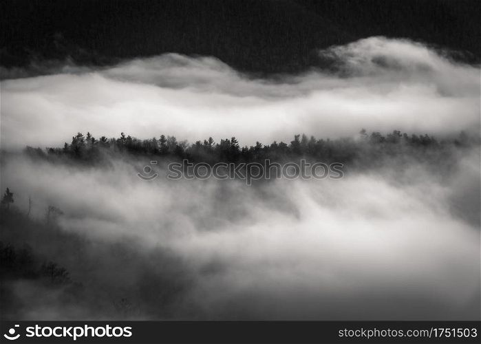 Mist and fog filling the valleys of Shenandoah National Park on a moody winter day.