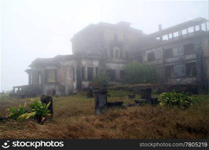 Mist and ruins of french hotel in Bokor in Cambodia