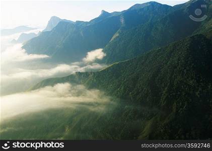 Mist in mountain landscape elevated view