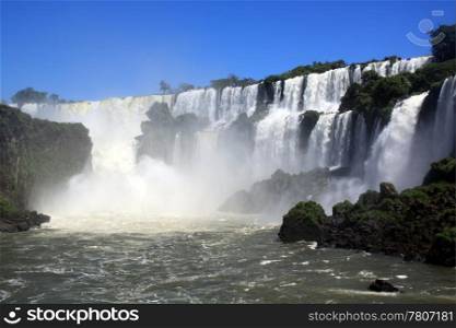 Mist, river and Iguazu waterfall in Argentina