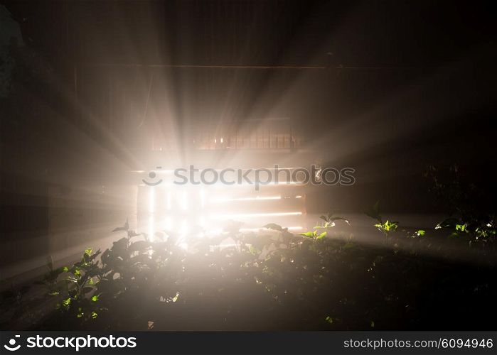 mistic ray lights shine in fog at dark