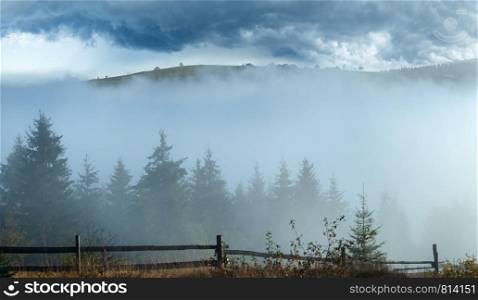 Misty daybreak in autumn cloudy Carpathian mountain, Ukraine.