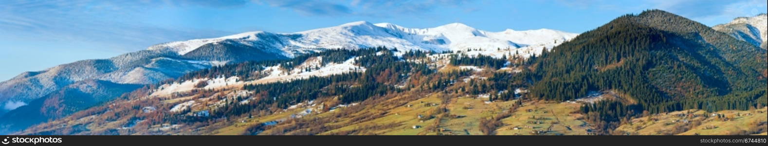 Misty early daybreak in autumn Carpathian mountain, Ukraine (Jasynja Village and Svydovets Range in far). Five shots stitch image.