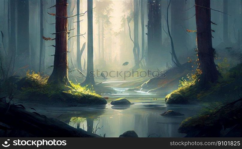 Misty forest with trees and water stream. Fairy world. Generative AI.. Misty forest with trees and water stream. Fairy world. Generative AI