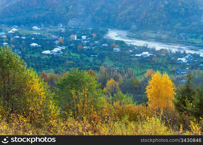 Misty morning autumn mountain village view (Carpathian, Ukraine)