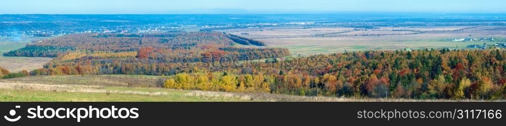 Misty morning autumn panorama and villages (Bogorodchany District, Ivano-Frankivsk Region, Ukraine)