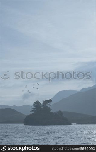 Misty morning landscape over still lake with mountain range in background