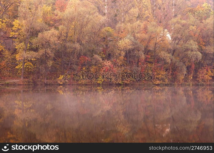 Misty morning on autumn lake