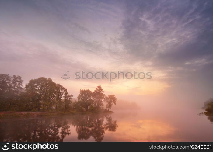 Misty morning on the lake. Spring in Belarus