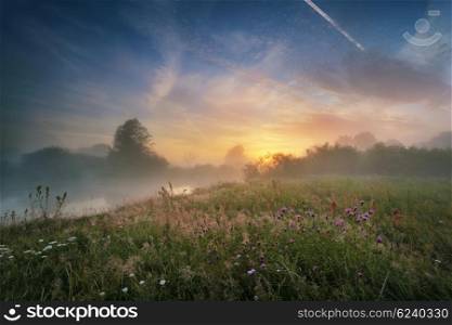 Misty morning on the river. Summer in Belarus