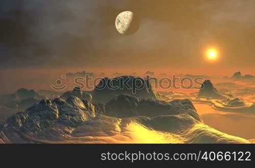 Misty rocky terrain filled bright orange distant star. The starry night sky blue nebula and a large planet (moon). The camera quickly flies over the surface and stops at the top of the cliff.