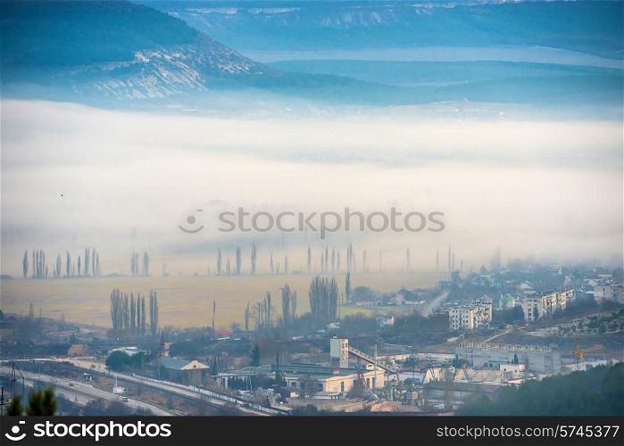 Misty town with trees and buildings against sunset