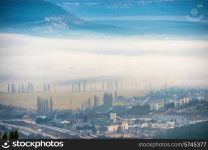 Misty town with trees and buildings against sunset