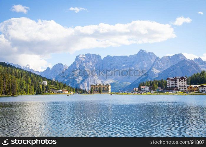 Misurina Lake in Dolomiti Region, North East of Italy, during a wonderful sunny day in summer